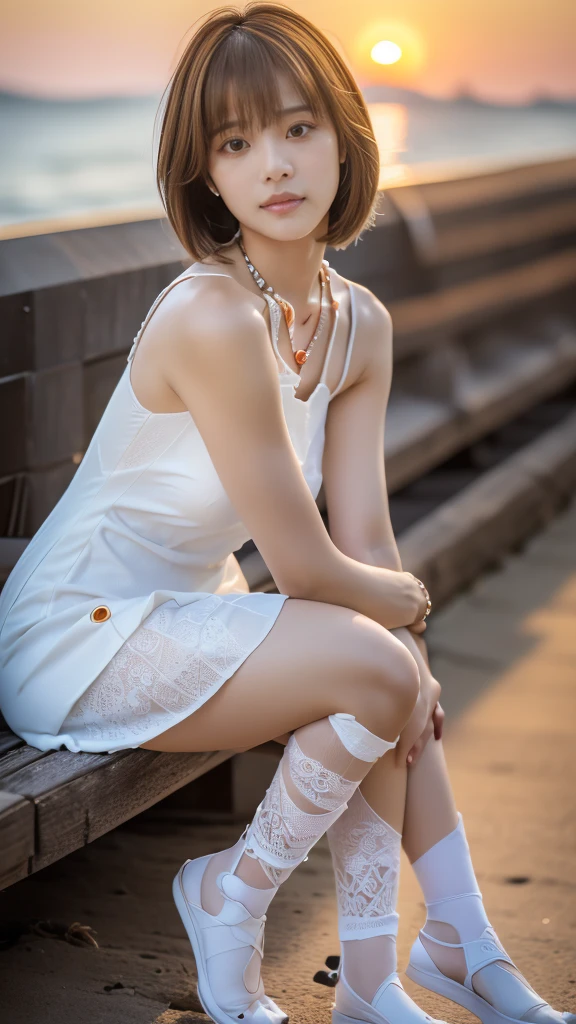 (Not looking at the camera、Beautiful profile looking into the distance:1.5)、(Sitting on the beach with my knees hugged:1.5)、(Profile of a woman looking at the beautiful sunset over the sea、18-year-old female:1.5)、(The best quality at its best:1.4), (Super detailed), (Very detailed CG unified 16k), Beautiful woman with perfect figure: 1.4, Sharp focus: 1.2, Very detailed, High-quality RAW color photos, Professional photography, Great face and eyes, cosmetics, (Amazingly beautiful girl), ((Summer white dress:1.5)), Realistic movie faces, Full body long view from head to toe, Realistic, ((Realistic natural orange red hairstyle)), ( Short Bob Hair:1.5), (necklace:1.5)、, Very beautiful face, Perfect model beauty, Mouth swelling, Highly detailed face and skin texture, Fine grain, double eyelid, Medium chest, (masterpiece), Highest quality, High resolution, Very detailed, Blurred Background, Depth of written boundary, Cinema Lighting, Great legs, , Clear, well-maintained skin,((Full body shot from head to toe:1.5))