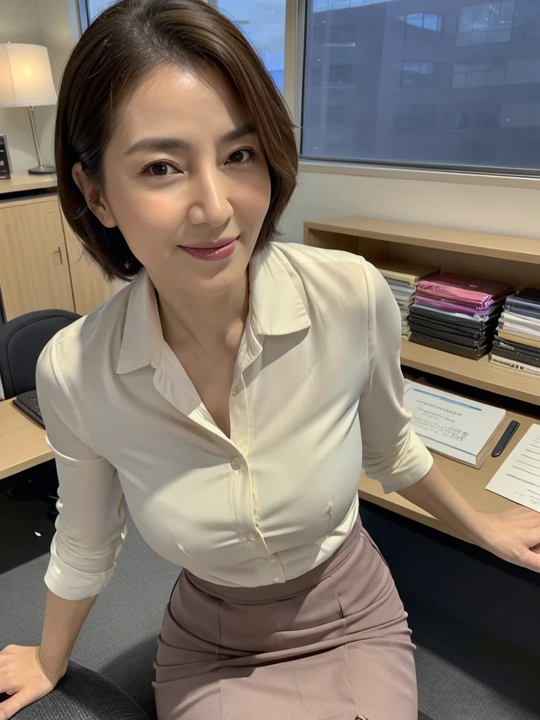 最high quality, 8K, Vibrant, Sharp focus, high quality, High resolution, (Middle-aged women), (49 years old), ((Wrinkles around the eyes)), ((wrinkles around the mouth)), (whole body), (Very slim and delicate body), Thin and beautiful legs, Thighs, High heels, Highly detailed eyes, Thick lips, Plump face, Shirt with buttons and collar, Long skirt, Short Hair, A kind smile, Big Breasts, Saggy breasts, Leaning forward, office