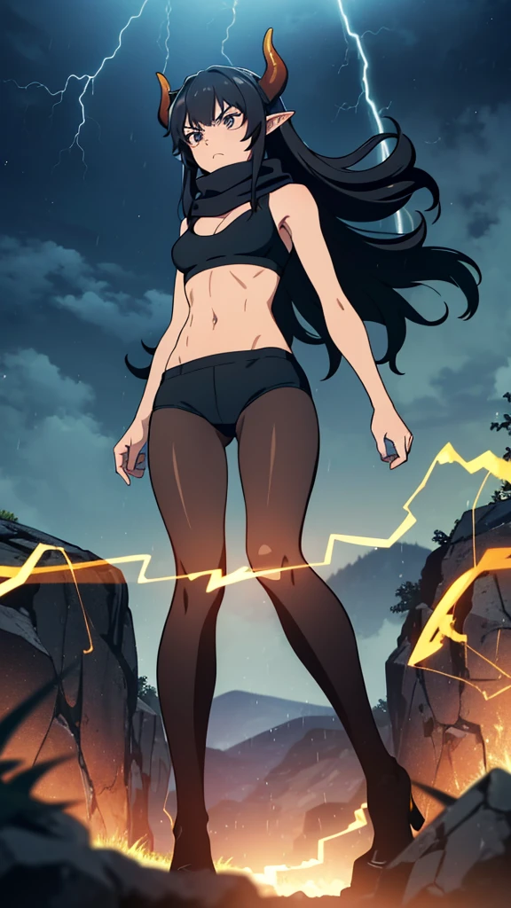 ((1girl,solo,mature female,25s,adult)),long hair, black hair,angry,horns,elf ears,black scarf,cleavage,((dark skin)),((black sports bra, midriff)),((black pantyhoses)),night, fireflies, fantasy,rain,thunder clouds,walking,lightning,lightnings lights,sparks,lightning magic,((shot from below,focus on feet))