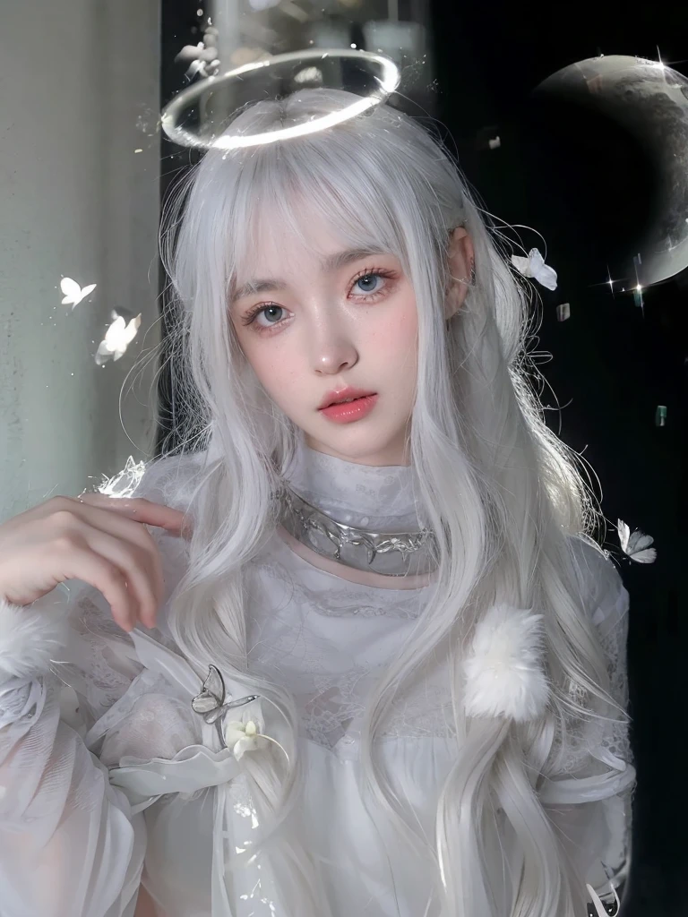 White long curly hair,Natural and beautiful hair,The background is simple, clean and beautiful