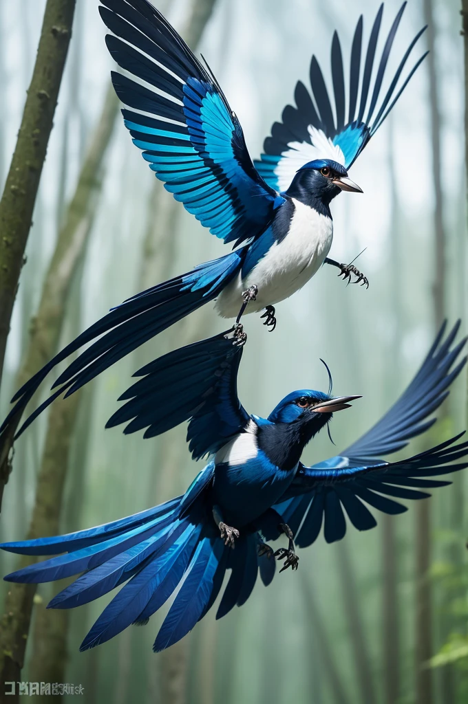 Create a dynamic image of the blue magpie (Blue hornet) in full flight. Capture the bird with its wings open, showing off its wingspan and the beauty of its blue feathers. The long tail with white stripes must be clearly visible, standing out against a green forest background.