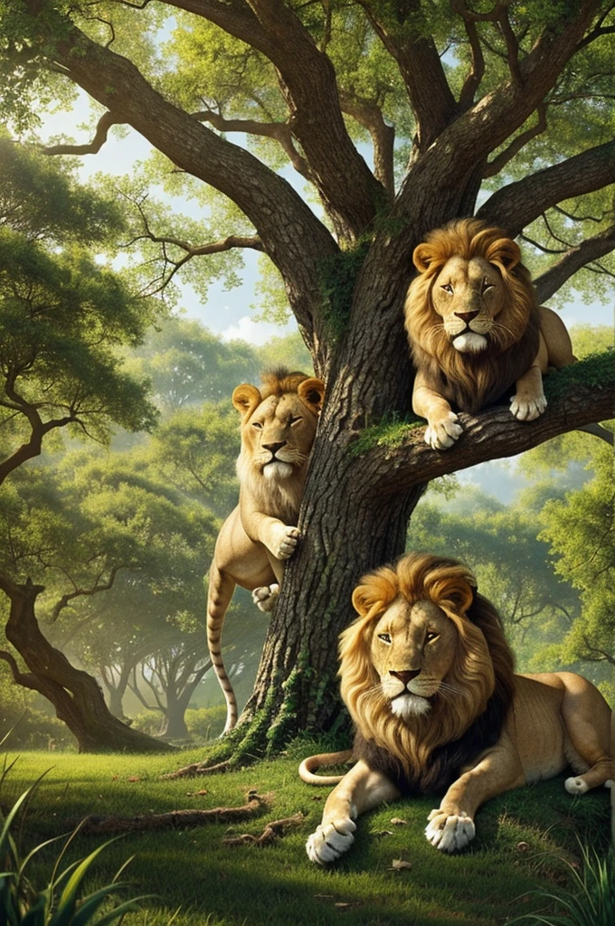 On the cover of the book "The lion and the Mouse", The majestic lion will be seen lying under the shade of a large tree, with a serene but imposing expression. close to him, there will be a little mouse with a friendly and brave look, standing on a tree root. The background will show a dense green jungle and a clear sky, suggesting a sunny day. In a corner, a broken rope will be seen between the roots of the tree, hinting at the crucial part of the story. title "The lion and the Mouse" will be at the top with big colorful typography, and the author&#39;s name at the bottom with a smaller, elegant font.