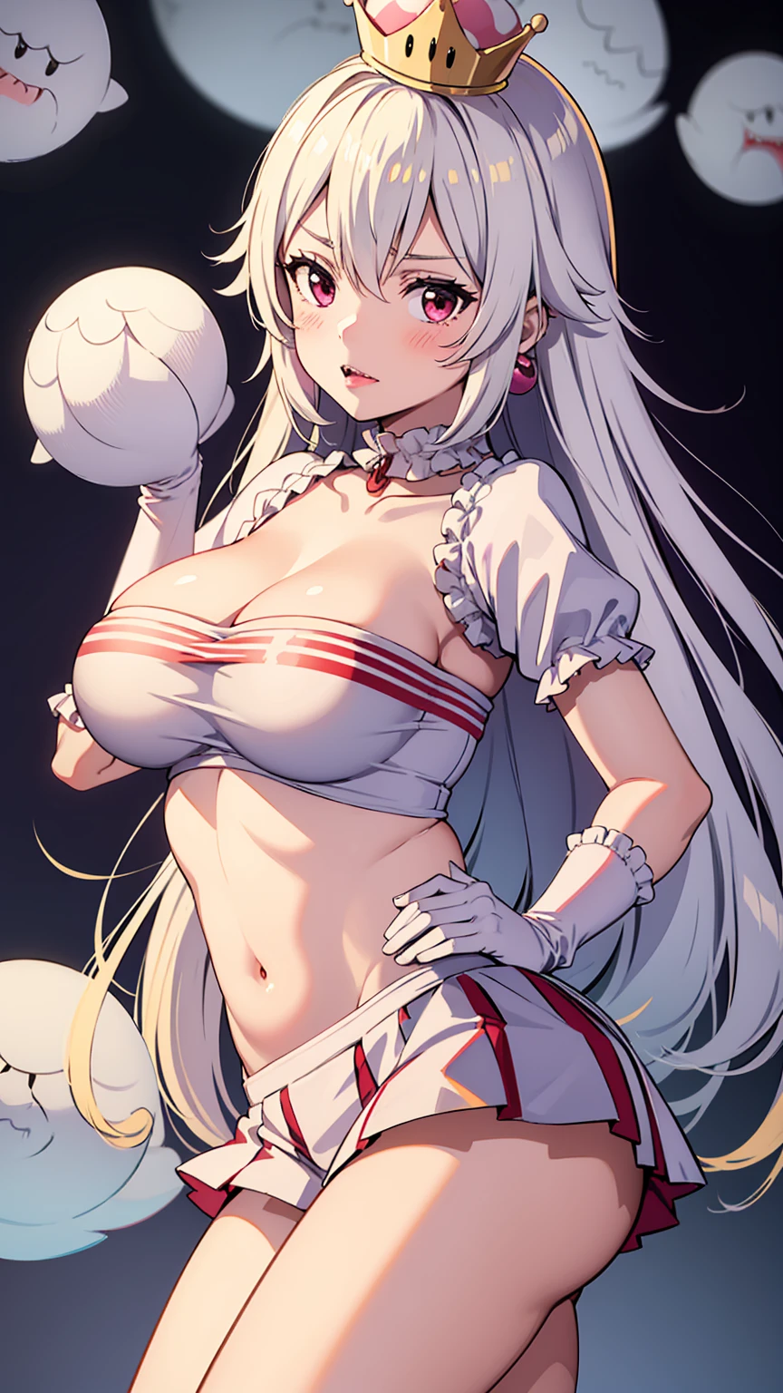best quality, high resolution, large breasts, white hair, blush, embarrassed, cowboy shot, looking at viewer, Boosette, pink lip, (((cheerleader white outfit)))