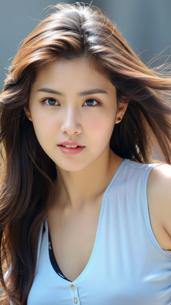 (detailed face),(crotch),normal breasts,pretty,white sleeveless shirt blouse,4k ,super high resolution ,(photo-realistic: 1.7), gray background,long hair,
