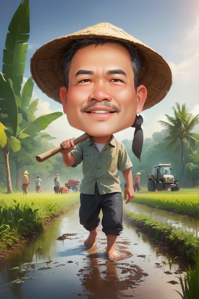cartoon man walking through a muddy field with a hoe, The head wears a typical Javanese headgear blangkon, caricature illustration, farmer, Indonesian farmer, caricature style, cartoon portrait, cartoon digital painting, caricature, official illustration, cartoon digital art, in cartoon style, inspired by Rudy Siswanto, inspired by I Ketut Soki, potrait, digital cartoon painting art, digital art cartoon, cartoon artstyle