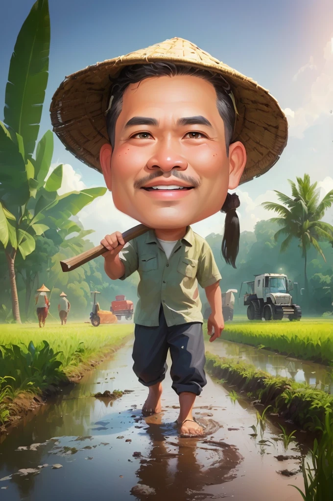 cartoon man walking through a muddy field with a hoe, The head wears a typical Javanese headgear blangkon, caricature illustration, farmer, Indonesian farmer, caricature style, cartoon portrait, cartoon digital painting, caricature, official illustration, cartoon digital art, in cartoon style, inspired by Rudy Siswanto, inspired by I Ketut Soki, potrait, digital cartoon painting art, digital art cartoon, cartoon artstyle