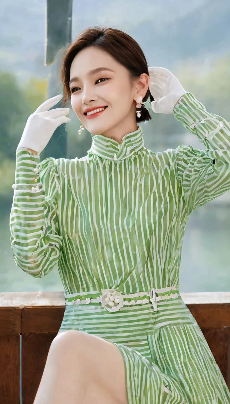 masterpiece, best quality,, Current Chen (Fresh peas), Smile, sit,, Vertical striped dress, Bare shoulders, Off-shoulder, Shut up, Long sleeve, Collared dress, Gloves, own hands, Rest your chin with your hands,, Upper Body,,