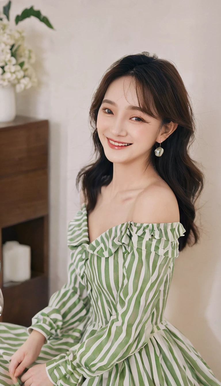 masterpiece, best quality,, Current Chen (Fresh peas), Smile, sit,, Vertical striped dress, Bare shoulders, Off-shoulder, Shut up, Long sleeve, Collared dress, Gloves, own hands, Rest your chin with your hands,, Upper Body,, 