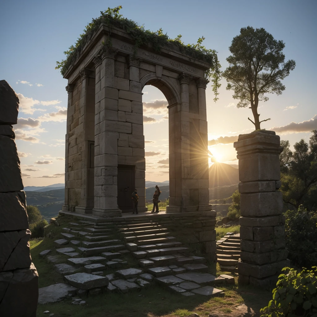 As the sun began to set, they reached the ancient stone monument marked on the map. According to the legend, the treasure was hidden beneath it. Josh and Crysti worked together to clear away the vines and dirt covering the monument’s base. With a bit of effort, they managed to move the heavy stone slab, revealing a narrow staircase descending into darkness.
