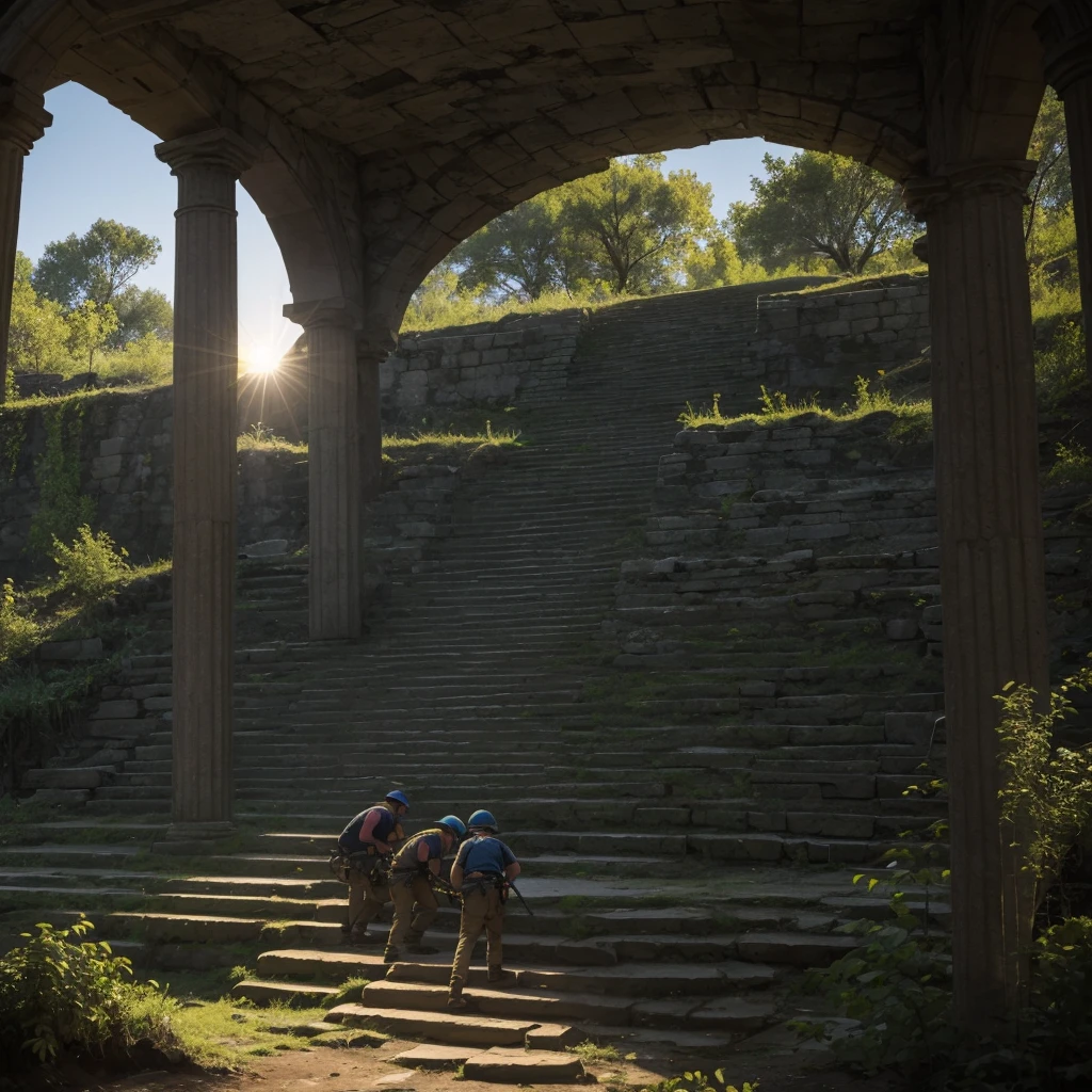 As the sun began to set, they reached the ancient stone monument marked on the map. According to the legend, the treasure was hidden beneath it. Josh and Crysti worked together to clear away the vines and dirt covering the monument’s base. With a bit of effort, they managed to move the heavy stone slab, revealing a narrow staircase descending into darkness.