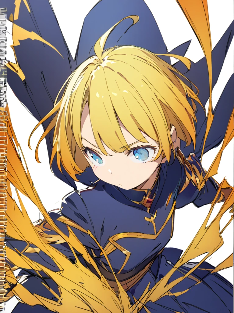 A girl fighting with golden flames(Sketches), (Open Close), (Small body), (Blonde:1.5) (Short Bob Hair:1.4), (Blue eyes)輝く炎
