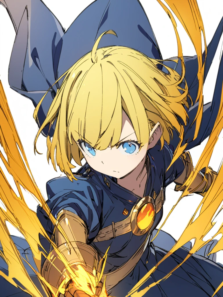 A girl fighting with golden flames(Sketches), (Open Close), (Small body), (Blonde:1.5） (Short Bob Hair:1.4), (Blue eyes)輝く炎
