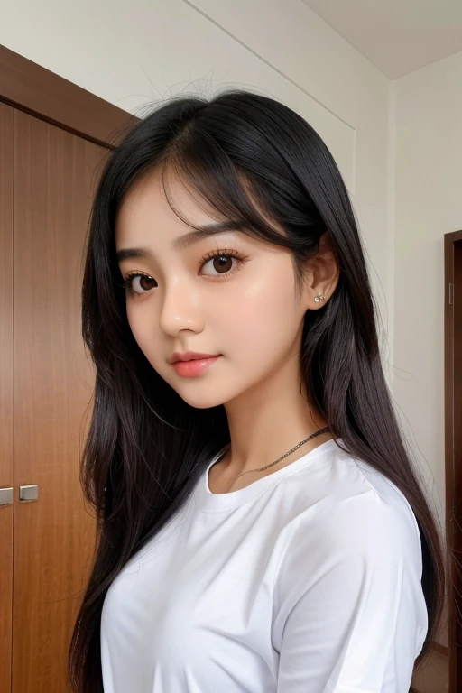 A prefect girl boby age yes cute face with white shirt black medium here full body black eyes are Korean girl cute face with big here for flying here full body best quality Indian girl