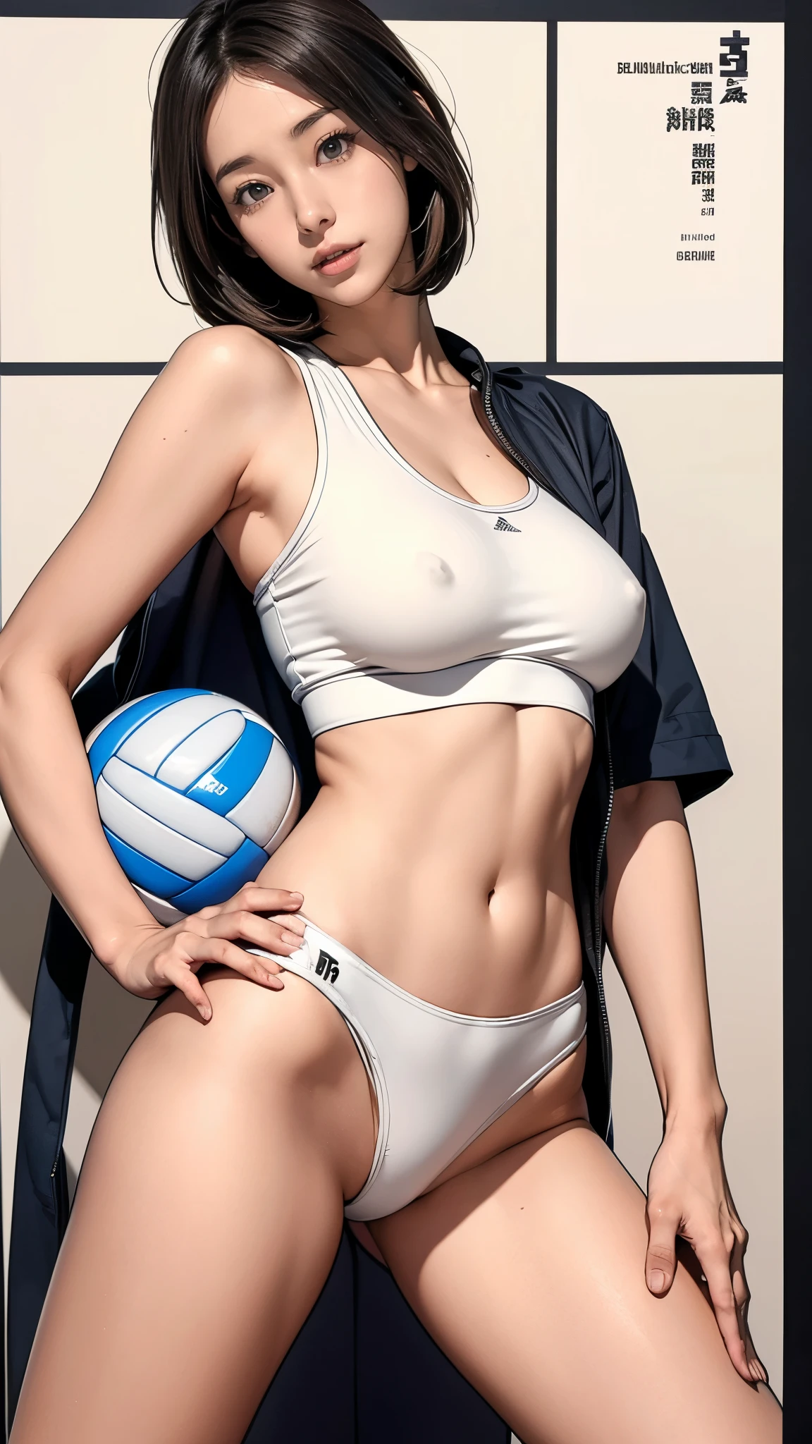 8K, RAW photos, best quality, masterpiece, Practical, Reality, (1 extreme beauty), 36 years old, Gorgeous,The face is rich in detail, (Perfect Teeth), Delicate eyes, double eyelids, eyelash, Grin, Lip detail, Brown Hair Bob, Natural breasts, ((Sexy Japanese volleyball)), ((White sexy sports briefs))Soft Light, ((Written border depth)) 、all、Stick out your ass、legs spread、slim body、Inverted Nipple, High Jump Jacket,Sports bra,Leaked out,
