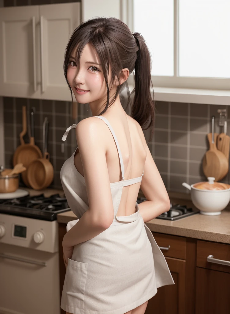 high quality picture, masterpiece, detailed hair texture, Detailed skin texture, Detailed Cloth Texture, 8K, Add fabric details, ultra detailed skin texture, ultra detailed photographic, Skin pores, light smile, mini apron on ,,, kitchen, cooking, looking back,braid pig tails,