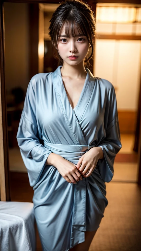 masterpiece, Best Quality, 8K, 20 yo, huge breasts, cuddly, Solo, sad, Cute, Girly, Delicate girl, Neat and clean beauty,  Raw photo, Professional Photography, Portrait, full body, front view, perfect body shape, Sophisticated, Film grain, (Eyes and faces with detailed:1.0), ponytail, short length floating hair, beautiful flowing hair, bangs, Kimono Wrap Shirt