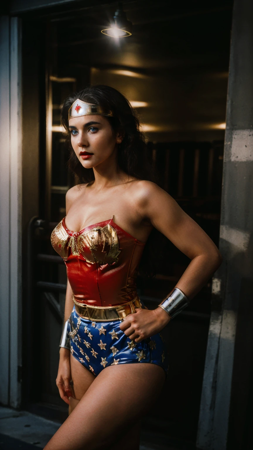 Masterpiece, Best quality, (Solo), (1girl), (photorealistic1.4), (epiCRealLife:1.0), (show large breasts), (show cleavage)),, (European model), (young woman), (JenniferConnelly90). (Wonderwoman768 ), (lynda-carter-ww-costume), (black hair), (blue eyes), (latex bodysuit),, (Wonderwoman768 tiara), ((armored bands), (red lipstick), , (spotlight), (night time), (at night), (flash photography), (on New York Street), (earring), (tiera), (from front)
