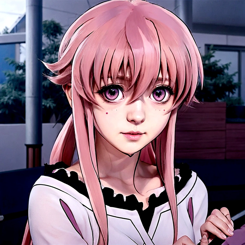 Anime girl with pink hair and pink eyes holding a cell phone., Gasai Yuno, Gasai Yuno, Gasai Yuno, Gasai Yuno, Mirai Nikki, female cartoon character, Chica anime llamada Gasai Yuno, anime visual of a young woman, Gasai Yuno, in the anime movie, mirai nikki&#39;s style., cartoon character