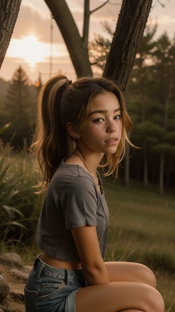Highest quality, best quality, best shading and lighting, ultra quality, masterpiece, beautiful, 1girl, sunset on a lush hill besides a pine tree, the girl has a slightly tan white skin, she has very slightly curly blonde hair with warm highlights, the hair is tied back into a ponytail. The girl has slanted eyes, and GREY irises eye colour with both eyes, blurred irises with starlight inside them, she has a slightly annoyed expression as she sits on the hill. She is a age girl, also wearing an orange shirt with a laurel wreath symbol on the shirt with the words “Camp Half-Blood” on them. She is wearing a pair of washed-our short jeans, and she is wearing a pair of black vans sneakers. She has a small bronze dagger strapped to her waist.