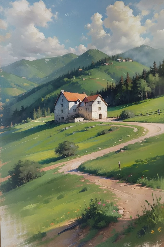 Mountain Landscape Print | Vintage oil painting, (OLD FARM HOUSE) AERIAL VIEW OF MINAS GERAIS
