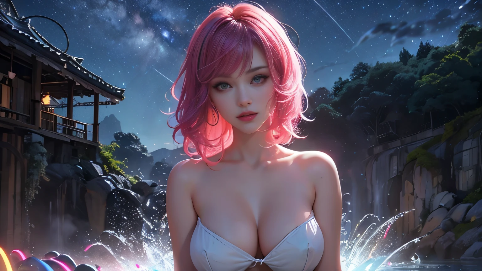 Masterpiece artwork, best qualityer, 1girl, ives , Mecha, beautiful lighting, (Neon light: 1.2), (natta: 1.5), "Masterpiece artwork, best qualityer, 1 garota, full - length portrait, sultry posing, blue colored eyes, multicolored hair+Plata:1.3+rot:1.2+purple+yellow:1.3+Unripe:1.3, sculpted legs and tempting curves, bountiful breasts, beautiful face, many drops of water, nube, Twilight, open plan, water colour, Neon light:1.2, natta:1.5, Mecha, beautiful lighting, bright neon light: 1.2, unforgettable mysterious night: 1.5"
