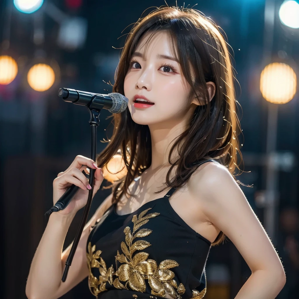 (RAW Photo, Best Quality), (Realistic, Photo Realistic: 1.3), Best Quality, Highly Detailed, Masterpiece, Ultra Detailed, 1 Girl, upper_body, Dynamic Angle, Extremely Detailed CG Unified 8k Wallpaper, Ink, Amazing, Movie upper_body, under_body, World Mastery Theater, messy_long_hair, Best Quality, Extremely Detailed CG Unified 8k Wallpaper, Ink, Amazing, Movie Lights, lens_flare, Detailed Face, (Deliberate expression: 1.5), sony master shot, woman posing for photo in front of tv, hi-res screenshot, nicovideo, normal hands, nice studio lighting, vhs screenshot, beautiful fine face black hair,japanese girl,age20,singer, popstar, stage ,stage lightining, (hands with portable microphone:1.3), dance, white-idol costume,cool beauty,