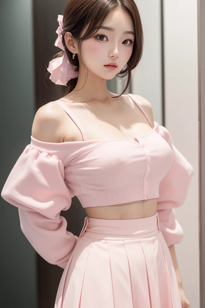 a close-up of a woman in a white skirt posing for a photo, showing the shoulder from behind, white and light pink clothes, Korean female fashion model, gorgeous lady, white and pink, rear view, with a thin waist, Beautiful young Korean woman, open chest clothing, feminine in beautiful pastel tones, pink cake, beautiful south korean woman