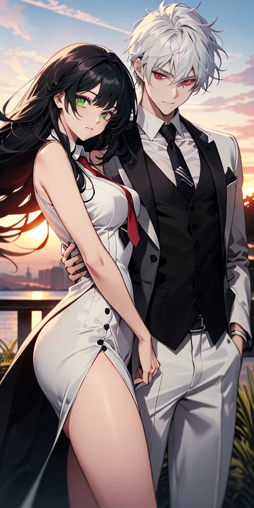 (absurdres, highres, ultra detailed) 1 man and 1 gril  standing together with his arms around her. ((The girl: is wearing a [((black sleeveless v neck dress))], breast, curves, seductive body, thick thighs, ((green eyes and long black hair)).)) ((The man: is wearing a ((white suit with a tie)), and has ((white hair and red eyes)))). ((Detailed Eyes)), anime style, sunset