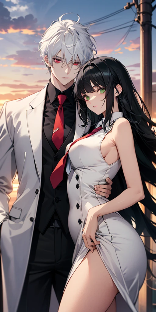 (absurdres, highres, ultra detailed) 1 man and 1 gril  standing together with his arms around her. ((The girl: is wearing a [((black sleeveless v neck dress))], breast, curves,  body, thick thighs, ((green eyes and long black hair)).)) ((The man: is wearing a ((white suit with a tie)), and has ((white hair and red eyes)))). ((Detailed Eyes)), anime style, sunset
