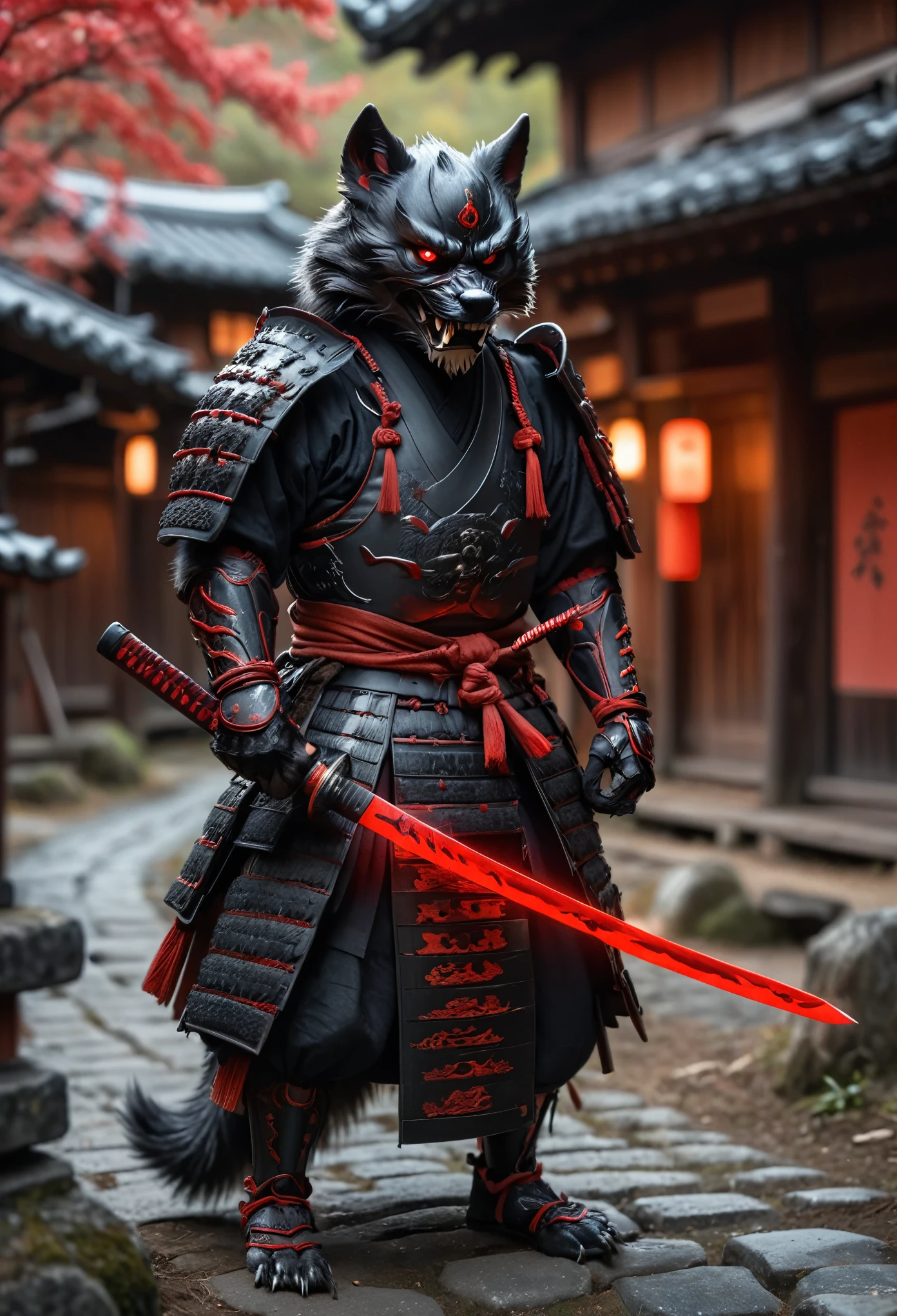 action photo, realistic digital photo, Angry anthropomorphic black wolf samurai pulls out a glowing magic katana from the sheath, black with green wooden armor, Samurai Pearls, brown daemon samurai mask, standing in an ancient Japanese village, ultra HD, 8K, insane details, 