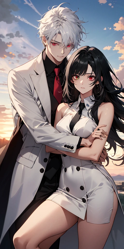 (absurdres, highres, ultra detailed) 1 man and 1 gril  standing together with his arms around her. ((The girl: is wearing a [((black sleeveless v neck dress))], breast, curves,  body, thick thighs, ((green eyes and long black hair)).)) ((The man: is wearing a ((white suit with a tie)), and has ((white hair and red eyes)))). ((Detailed Eyes)), anime style, sunset