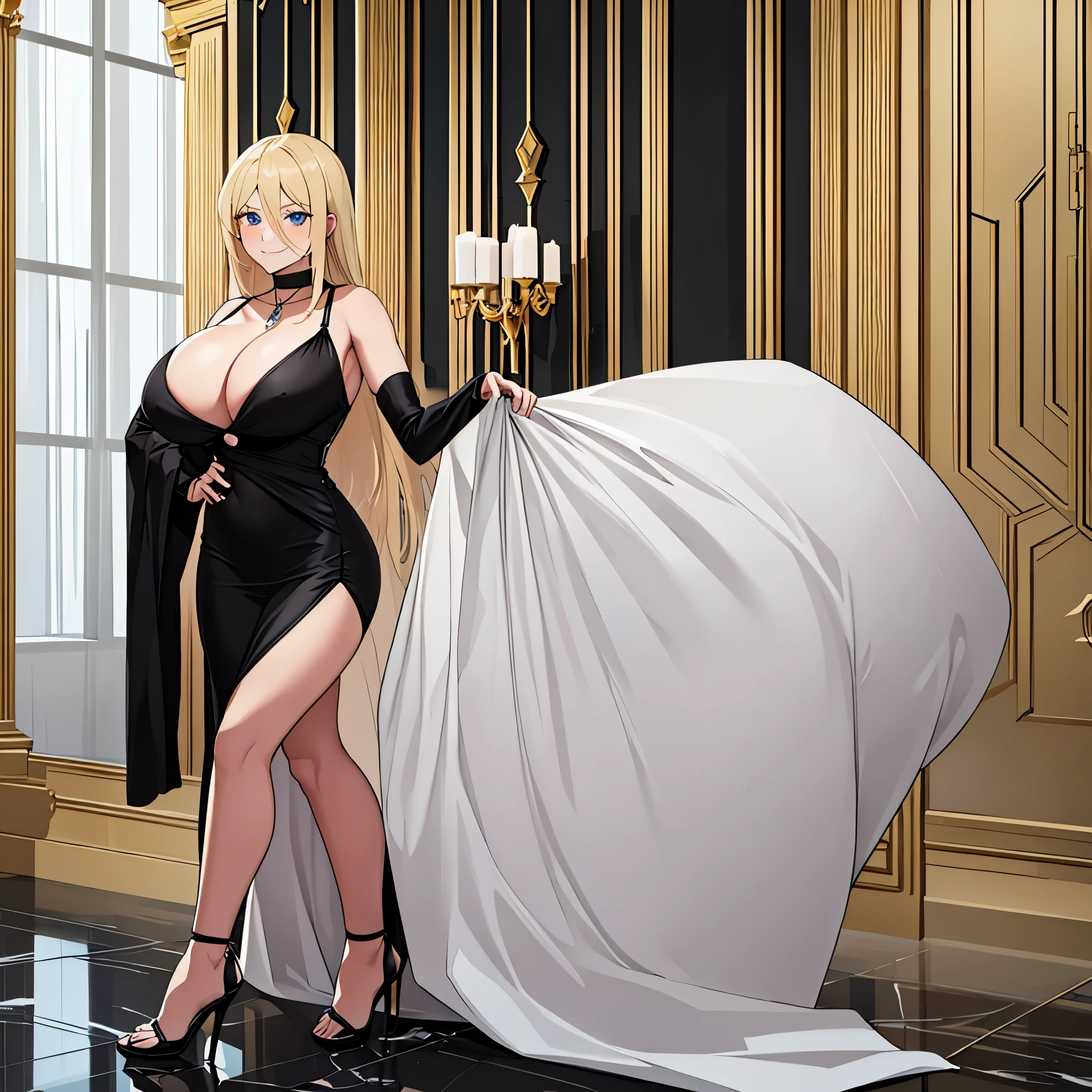 A woman wearing a luxury black dress, gold details on the dress, black heels, blonde hair, long hair, big breasts, blue eyes, smiling, standing, postured, in a luxury room, light gray marble floor, white wall , large luxurious glass windows, perfect face, (solo woman),.HDR, ultra resolution, well defined, masterpiece, 8K HD. (solo woman)
