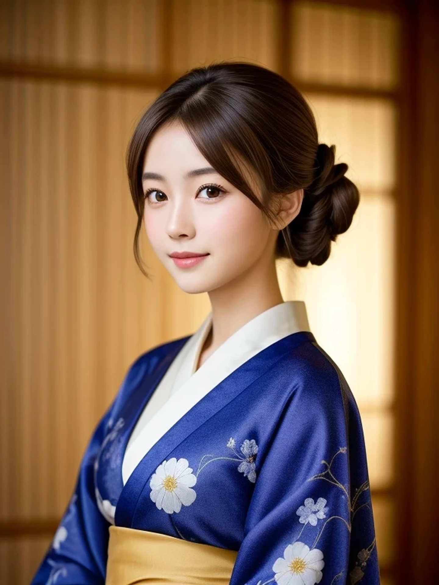 1 Japanese girl, (Looking at Viewer
:1.4), Staring Intently, (upper body shot:1.2), Beautifully detailed eyeballs, catchlight in the eyes, Realistic digital painting of a woman portrait, Shy,  Cute,  happy smile, brown eyes,  (half updo,:1.1), (light brown brunette hair:1.3), (Highly detailed skin:1.2), Mystical style, Global Illumination, Traditional Japanese　floral printed Kimono, A silk kimono with a deep indigo base.