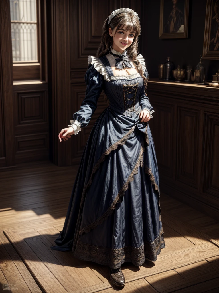 masterpiece, Highly detailed, super realistic, detailed background, bright Lighting, Daylight, beautiful face, beautiful eyes,
medieval style, 4k, 8k, 1girl, solo,
(Victorian maid),
(full body:1.5),(dynamic angle),(standing),
(dynamic pose),(happy),
(looking away:1.5),
(smile),