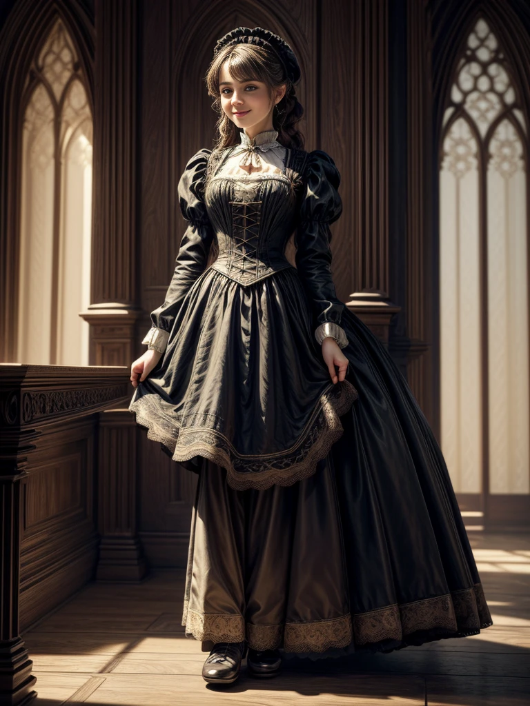 masterpiece, Highly detailed, super realistic, detailed background, bright Lighting, Daylight, beautiful face, beautiful eyes,
medieval style, 4k, 8k, 1girl, solo,
(Victorian maid),
(full body:1.5),(dynamic angle),(standing),
(dynamic pose),(happy),
(looking away:1.5),
(smile),