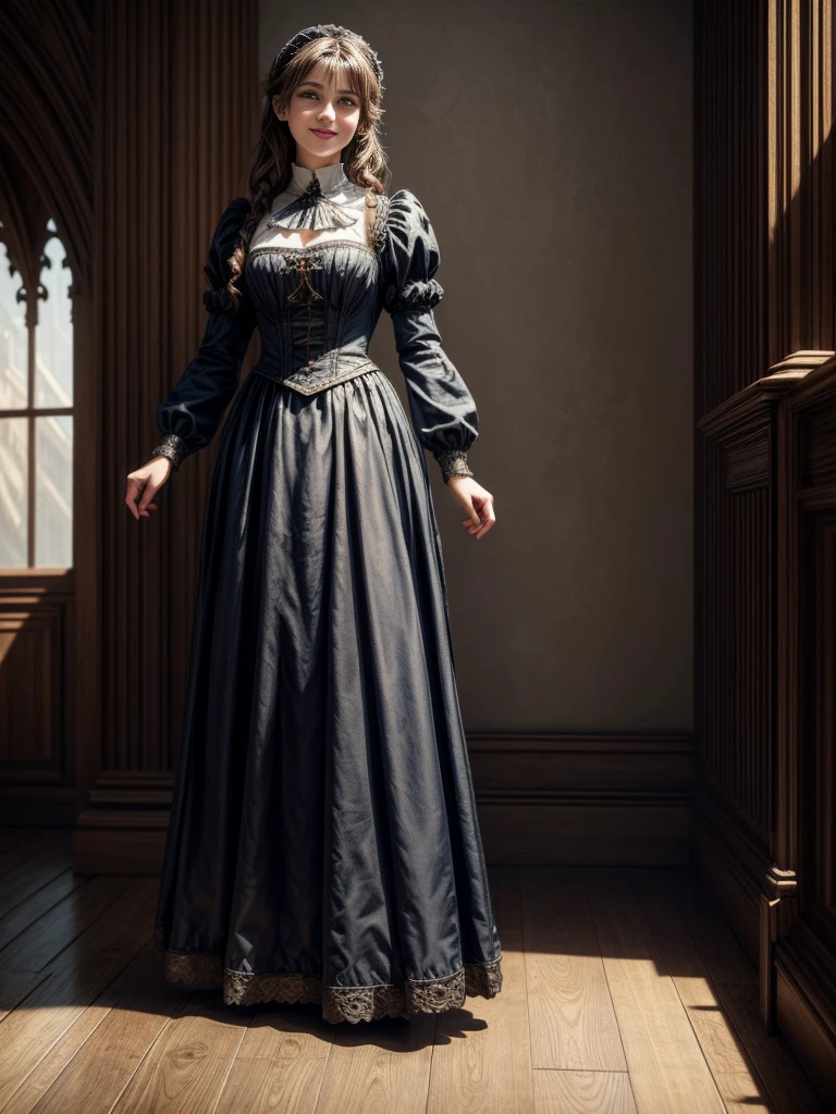 masterpiece, Highly detailed, super realistic, detailed background, bright Lighting, Daylight, beautiful face, beautiful eyes,
medieval style, 4k, 8k, 1girl, solo,
(Victorian maid),
(full body:1.5),(dynamic angle),(standing),
(dynamic pose),(happy),
(looking away:1.5),
(smile),