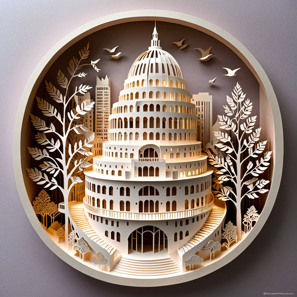 Create a detailed illustration of the Guggenheim Museum crafted from paper cutting. The museum should be intricately designed with fine, precise cuts to showcase its unique, spiral architecture. The paper should have a crisp, clean look with sharp edges and detailed patterns to highlight the building's distinctive features. Use soft, natural lighting to enhance the textures and shadows created by the paper cuts. The background can be simple, with a subtle gradient or plain color, to keep the focus on the paper-cut Guggenheim Museum. The overall atmosphere should be delicate and artistic, capturing the craftsmanship and beauty of paper art.