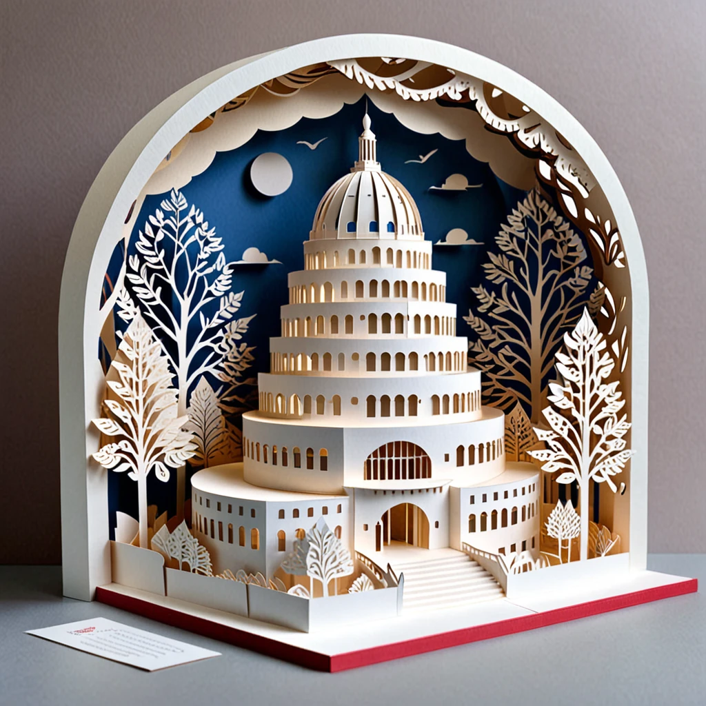 Create a detailed illustration of the Guggenheim Museum crafted from paper cutting. The museum should be intricately designed with fine, precise cuts to showcase its unique, spiral architecture. The paper should have a crisp, clean look with sharp edges and detailed patterns to highlight the building's distinctive features. Use soft, natural lighting to enhance the textures and shadows created by the paper cuts. The background can be simple, with a subtle gradient or plain color, to keep the focus on the paper-cut Guggenheim Museum. The overall atmosphere should be delicate and artistic, capturing the craftsmanship and beauty of paper art.