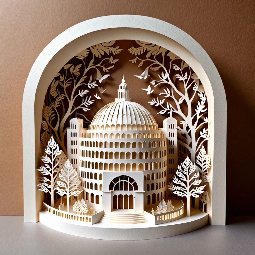 Create a detailed illustration of the Guggenheim Museum crafted from paper cutting. The museum should be intricately designed with fine, precise cuts to showcase its unique, spiral architecture. The paper should have a crisp, clean look with sharp edges and detailed patterns to highlight the building's distinctive features. Use soft, natural lighting to enhance the textures and shadows created by the paper cuts. The background can be simple, with a subtle gradient or plain color, to keep the focus on the paper-cut Guggenheim Museum. The overall atmosphere should be delicate and artistic, capturing the craftsmanship and beauty of paper art.