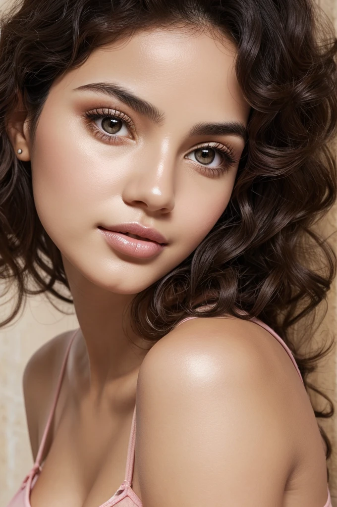 Real woman white skin, black curly hair, refined nose, medium lips with thicker lower lip natural pink color, big, light brown eyes, slim build with small bust, Mexican nationality