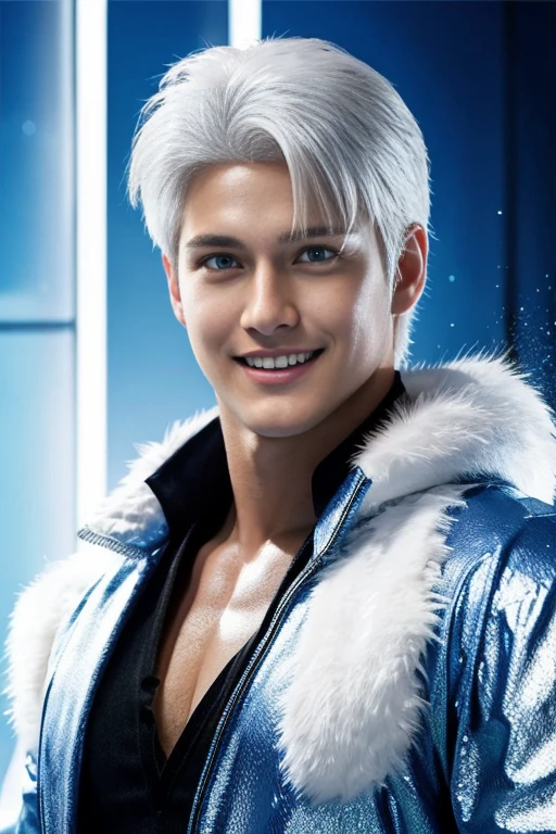 Quarter body shots photorealistic handsome Hunky white haired Jack Frost . iced blue glowing eyes, face front camera focus, smiling , 