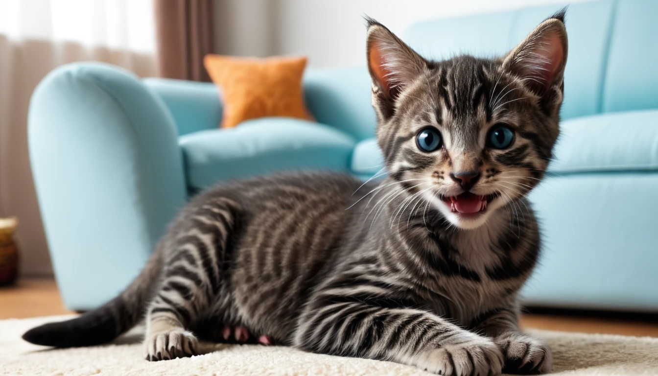 Go back
A cheerful kitten relaxing in the living room. He seems to be living happily at home.