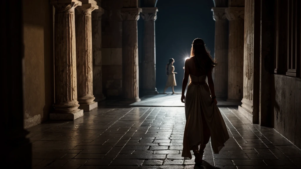 
a beautiful woman from ancient Greece, confident, walking away from man behind her, dark background, cinematic, ultra realistic