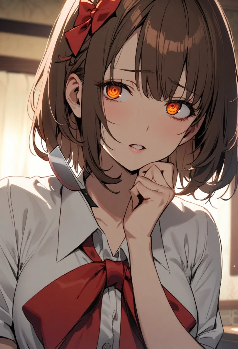 girl, brown hair, orange eyes, red bow on hair, short hair, yandere, knife, beautiful, mature