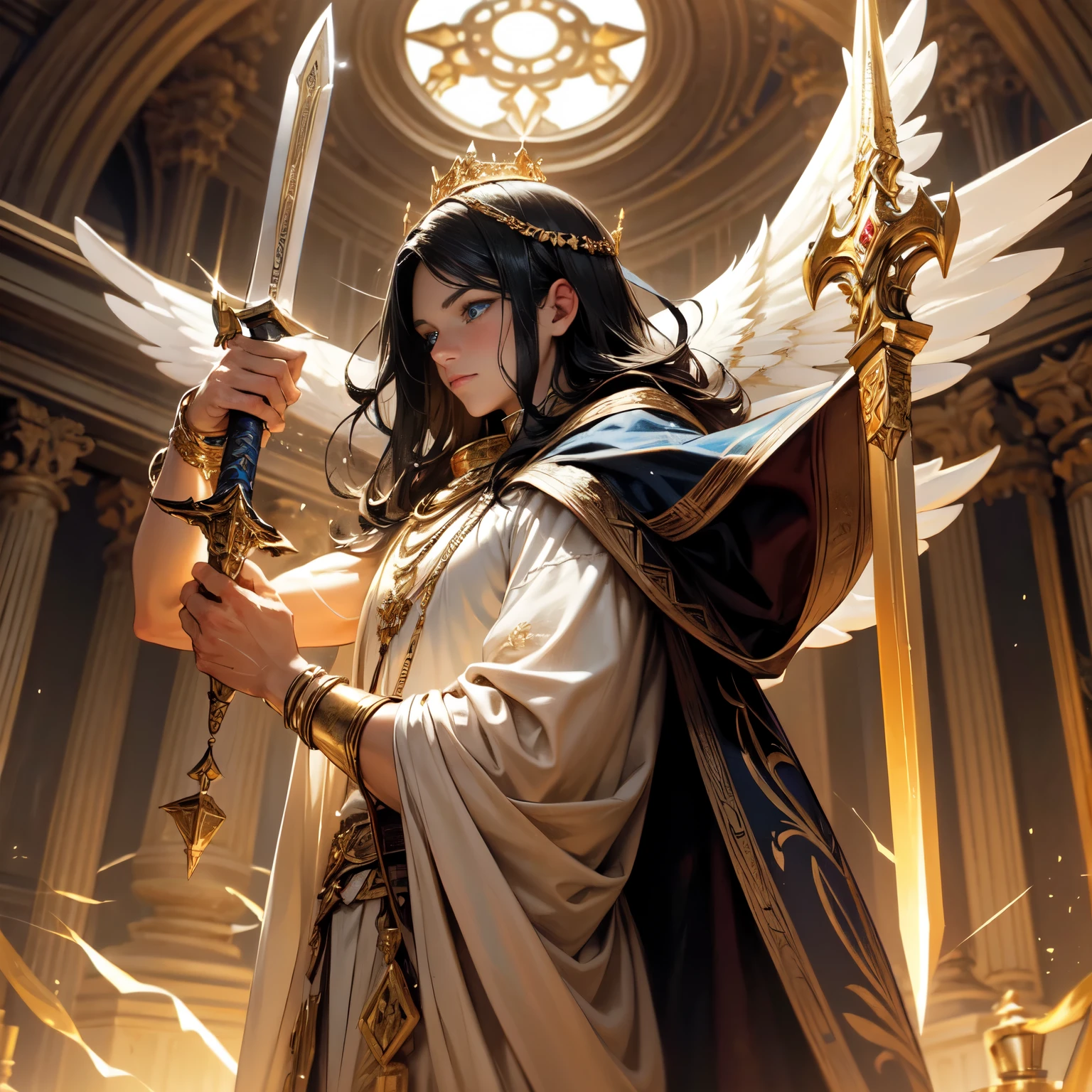 Create an 8K ultra HD digital image of a majestic giant, muscular, black-haired Aasimar, long and smooth, in the castle common room. The Aasimar has blue eyes and fair skin. He is dressed in royal attire, including a dark blue velvet cloak with gold and silver accents, Adorned with magical jewels that glow softly. He wears a golden crown with precious stones, gold bracelets on her wrists and a magical amulet around her neck. In the common room, the Aasimar wields the Sword of Zeus. The sword is made of celestial gold and emits golden rays, with divine inscriptions along the blade that shine brightly. The hilt of the sword is adorned with small rays and lightning., symbolizing his supreme power. He holds the sword in a relaxed pose, ready to protect your loved ones, while electric sparks dance around you. The Sword of Zeus is known for its ability to control thunder and lightning, and an aura of divine power emanates from her. The living room is welcoming, with marble fireplaces, soft velvet sofas and delicately carved tea tables. Large windows with silk curtains let in soft light, creating an atmosphere of comfort and tranquility. The image should capture the welcoming atmosphere and harmony of the living room, highlighting the Aasimar and its interaction with the Sword of Zeus.