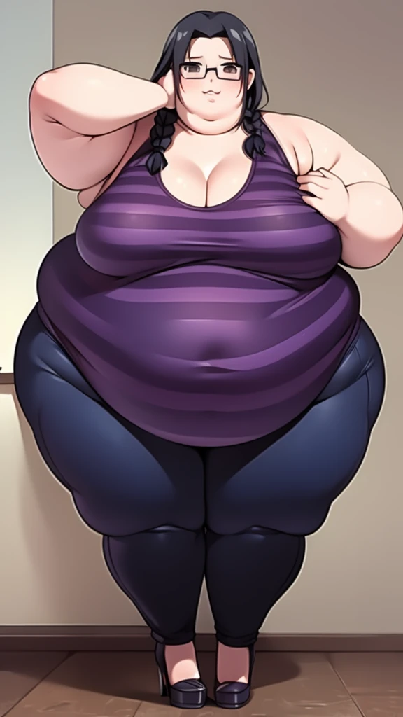 Anime Women, Lady、Forehead、Black Hair、Braid、Glasses、Hanging eyes、Brown eyes、Are fat、Chubby、Voluptuous、obesity、Double chin、Cheek、Fat-covered neck、Big Breasts、Saggy breasts、Thick upper arms、Fat Belly、Sagging belly、tall、Dark brown striped suit、High heels、Sweat、Embarrassed、Exercising
