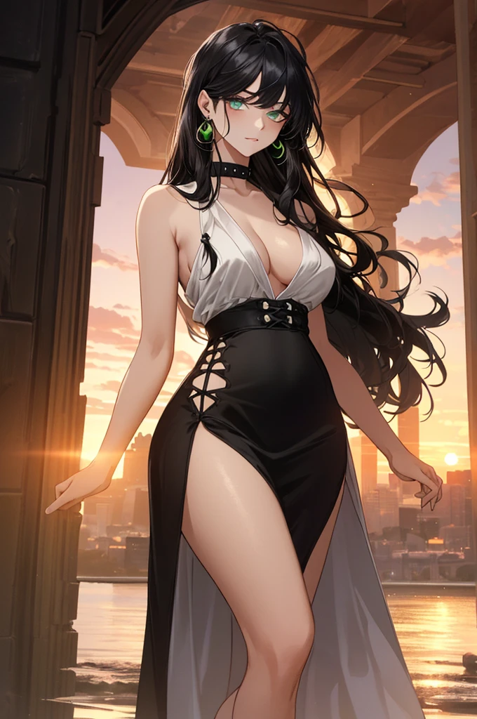 (top quality, masterpiece, high quality, ultra-delicate), ((beautiful girl)), (((adult)), ((Pure Dark black hair)), mature, graceful curves, ((long hair, long bangs)), ((bright green eyes)), ((detailed eyes)), nose, bangs, black collar, ((Revealing white  Party Dress, slit skirt)), V neck, seductive, standing casual ribbon, charm, shoulderless dress, fashion, thick thighs, green earrings, Good Lighting, Sunset.