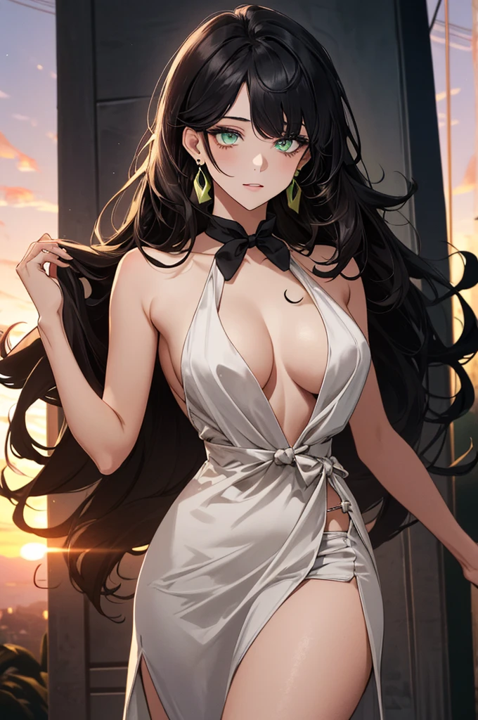 (top quality, masterpiece, high quality, ultra-delicate), ((beautiful girl)), (((adult)), ((Pure Dark black hair)), mature, graceful curves, ((long hair, long bangs)), ((bright green eyes)), ((detailed eyes)), nose, bangs, black collar, ((Revealing white  Party Dress, slit skirt)), V neck, seductive, standing casual ribbon, charm, shoulderless dress, fashion, thick thighs, green earrings, Good Lighting, Sunset.