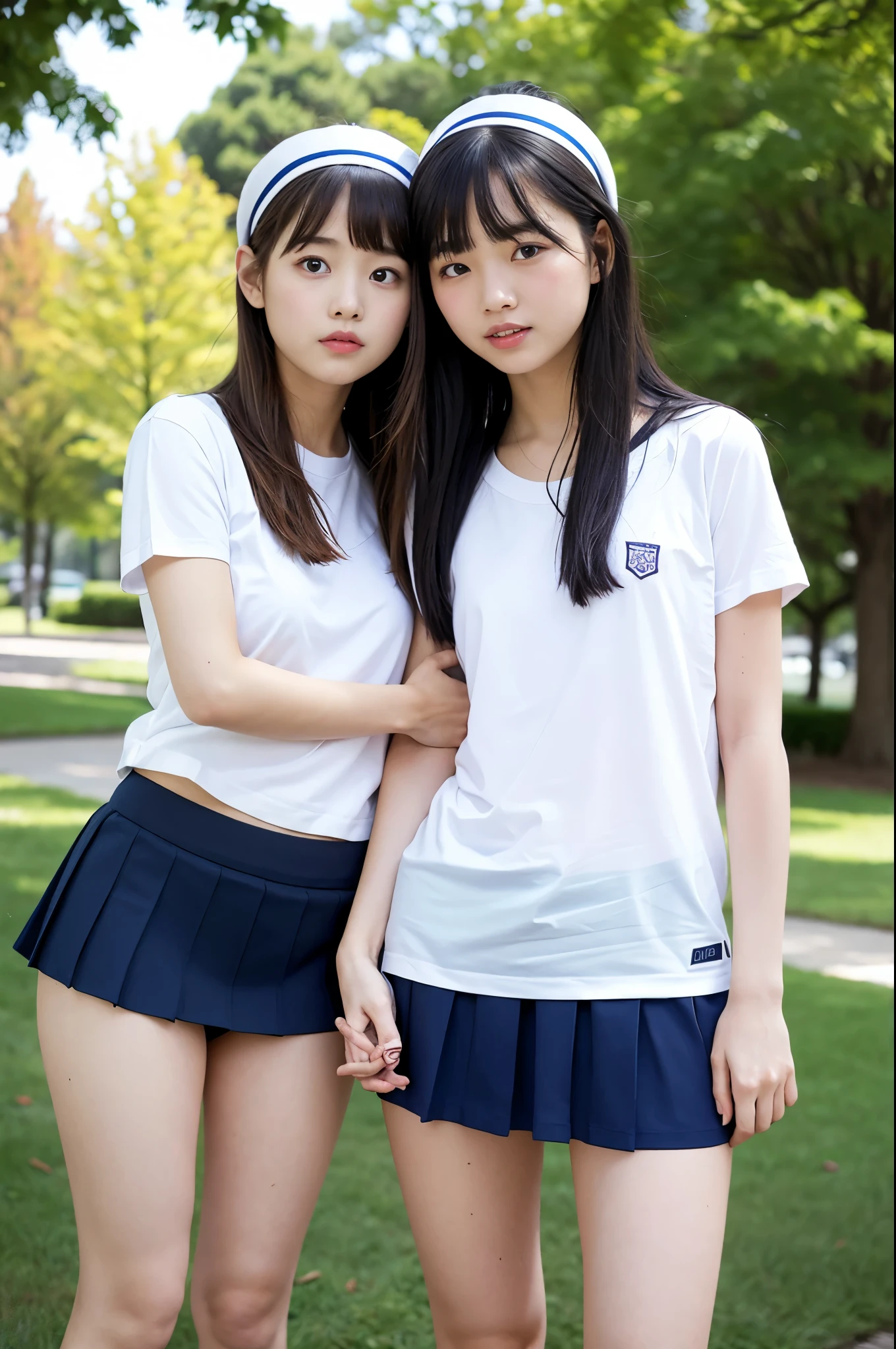 two girls standing in the park,Plain white school gym shirt with navy blue trim,Navy blue speed briefs,Red headband,White headband,18-year-old,bangs,A small smile,Thighs,knees,Straight hair with barrette,Front light, White panties visible through the skirt、Lift the hem of the skirt with both hands to reveal the panties.