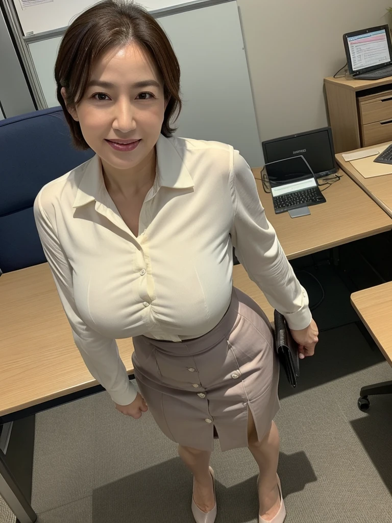 最high quality, 8K, Vibrant, Sharp focus, high quality, High resolution, (Middle-aged women), (49 years old), ((Wrinkles around the eyes)), ((wrinkles around the mouth)), (whole body), (Very slim and delicate body), Thin and beautiful legs, Thighs, High heels, Highly detailed eyes, Thick lips, Plump face, Shirt with buttons and collar, Long skirt, Short Hair, A kind smile, Big Breasts, (Saggy breasts), Leaning forward, office